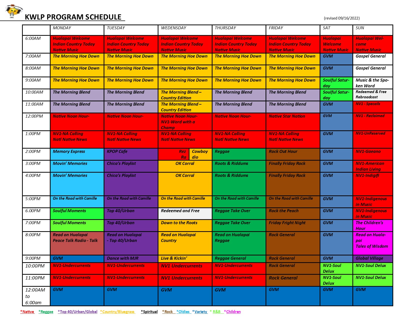 KWLP Program Schedule 092622